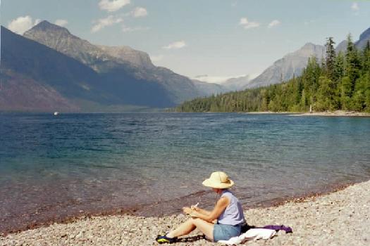 Kathy journaling at Lake MacDonald